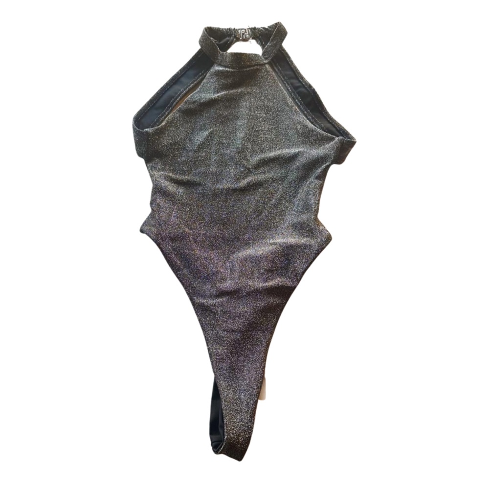 TWIIN Silver Glitter Asymmetrical High Neck OnePiece Swimsuit Festival Glam XXS